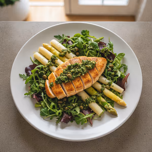 Asperges et poulet sur mesclun, sauce salsa verde