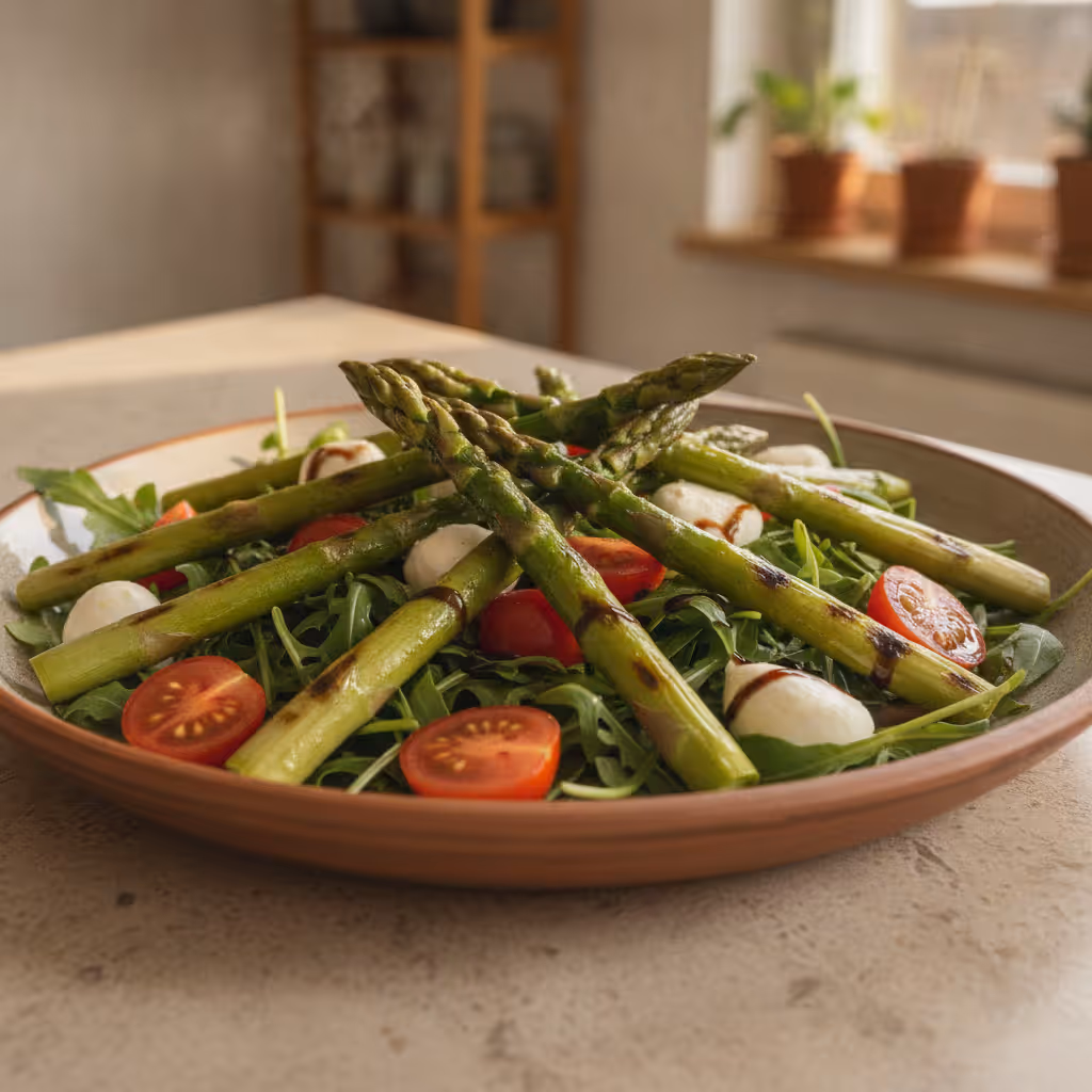 Asperges vertes sur lit de roquette, prêt à servir