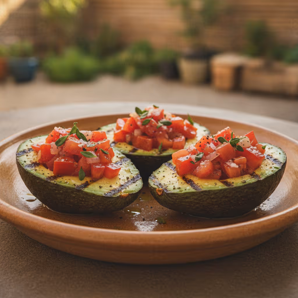Avocats grillés à la garniture de tomates, prêt à servir
