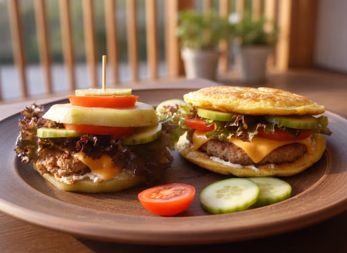 Burgers sans pain : burger au chou-rave et burger à l'omelette, prêt à servir