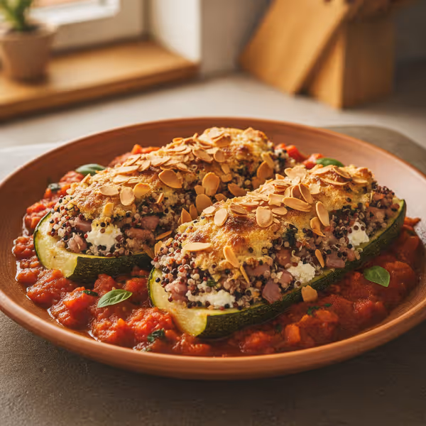 Courgettes gratinées farcies au quinoa et sauce tomate