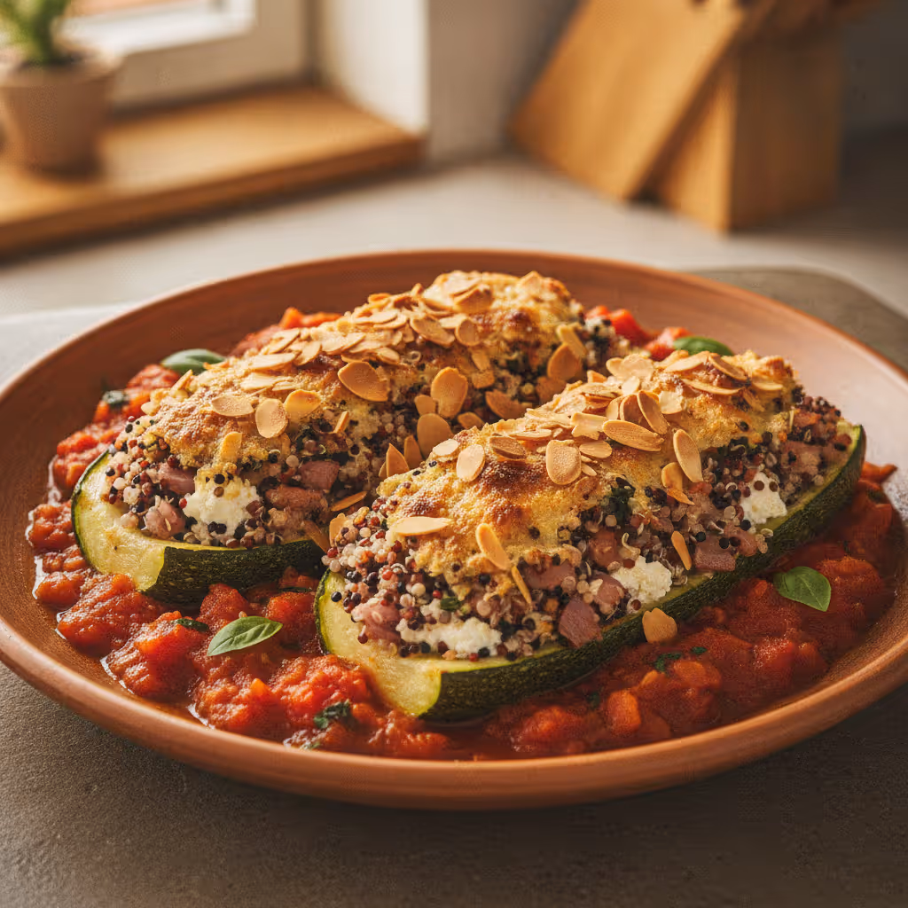 Courgettes gratinées farcies au quinoa et sauce tomate, prêt à servir
