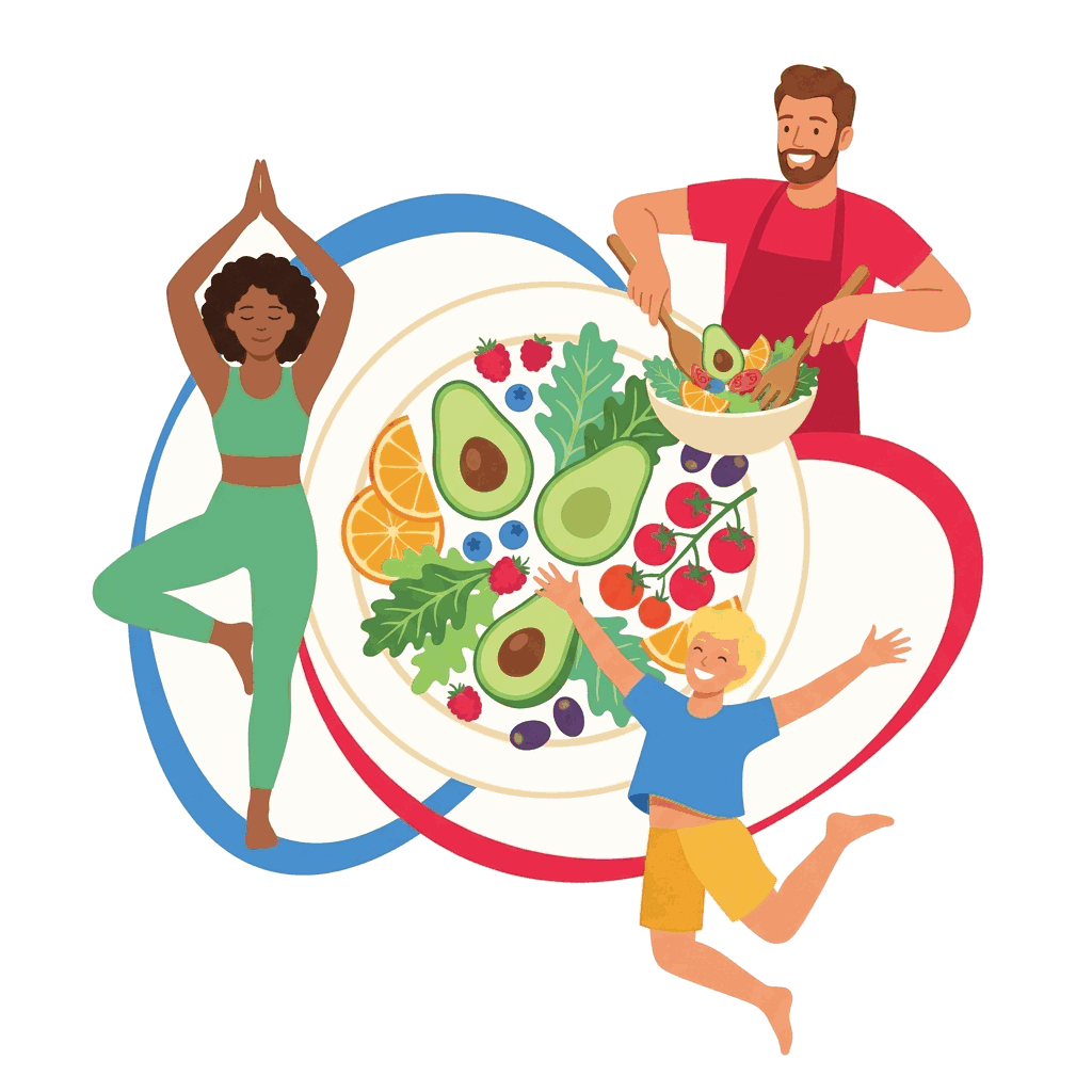 Illustration : des personnes autour d'une assiette de nourriture fraîche et saine